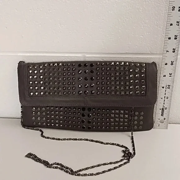 Gray Clutch Crossbody bag Gunmetal Studs Black Faceted Stones Removable Chain - Picture 10 of 11